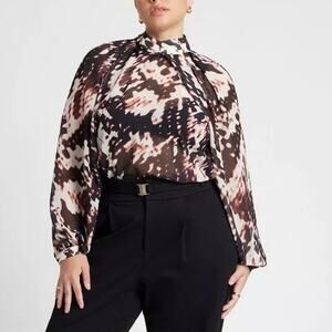 ELOQUII Womens Plus Size Draped Sleeve Mock Neck Semi Sheer Chiffon Top New 26